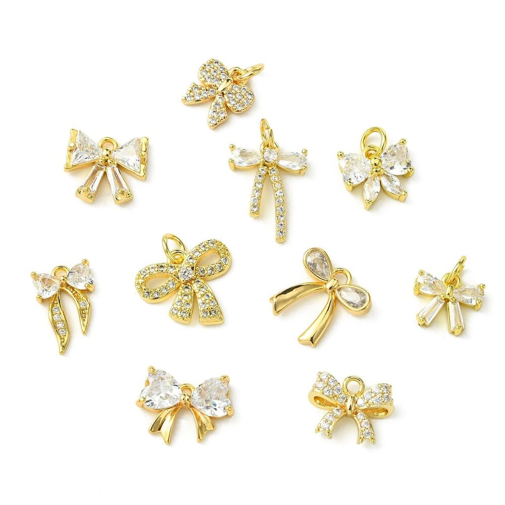 1420 10 pcs 10 Styles Golden Color Bow Theme Brass Pave Cubic Zirconia